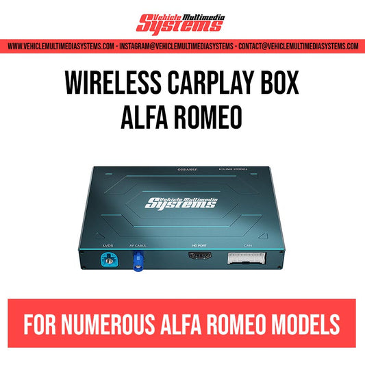 Vehicle Multimedia Systems wireless CarPlay box for numerous Alfa Romeo models, showing the black device with blue and red ports.