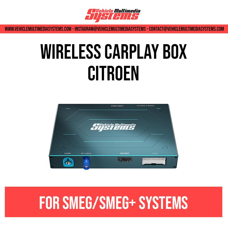 Vehicle Multimedia Systems wireless CarPlay box for Citroen SMEG/SMEG+ systems, showing the black device with blue and red ports.