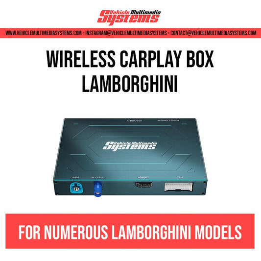 Vehicle Multimedia Systems wireless CarPlay box for numerous Lamborghini models, showing the black device with blue and red ports.