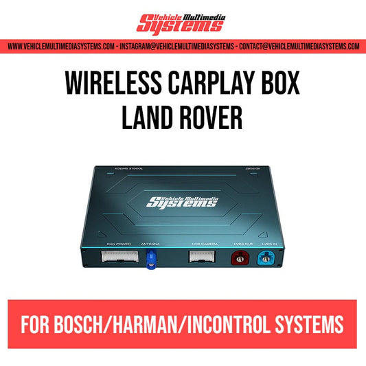 Vehicle Multimedia Systems wireless CarPlay box for Land Rover Bosch/Harman/InControl systems, showing the black device with blue and red ports.