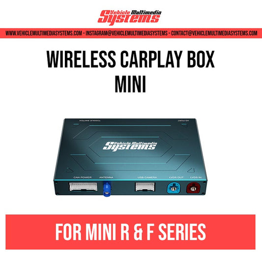 Vehicle Multimedia Systems wireless CarPlay box for MINI R & F Series, showing the black device with blue and red ports.