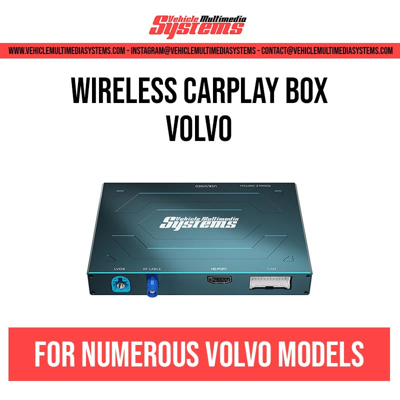 Vehicle Multimedia Systems wireless CarPlay box for numerous Volvo models, showing the black device with blue and red ports.