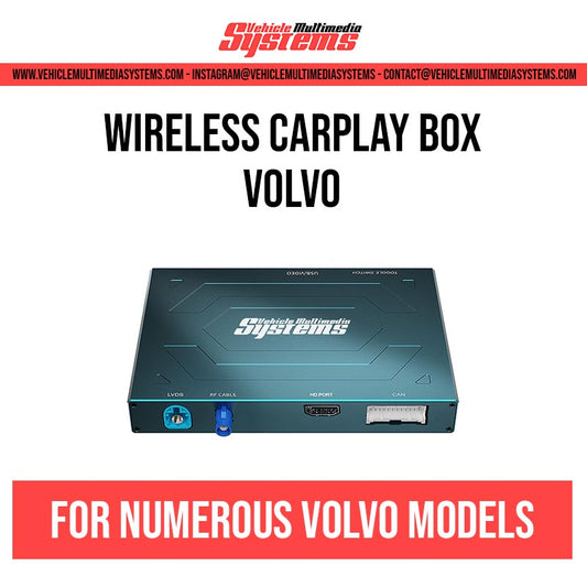 Vehicle Multimedia Systems wireless CarPlay box for numerous Volvo models, showing the black device with blue and red ports.