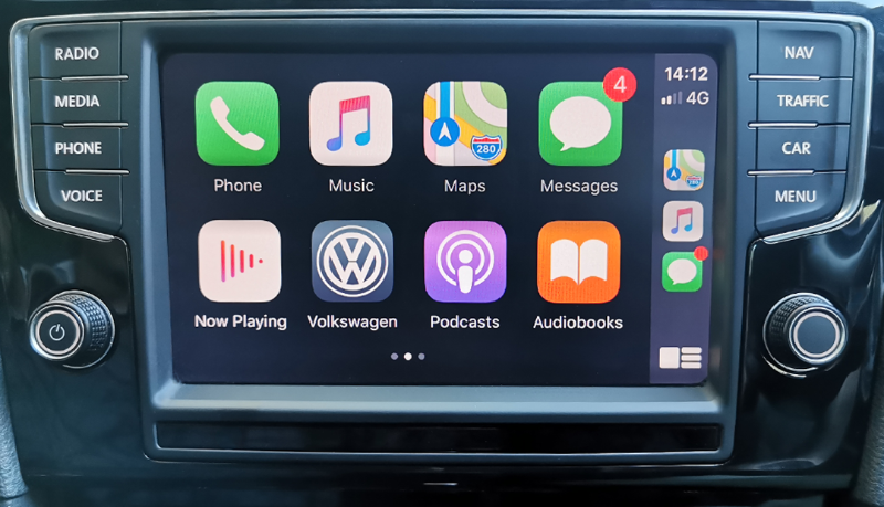 Volkswagen infotainment screen displaying the integrated wireless Apple CarPlay apps.