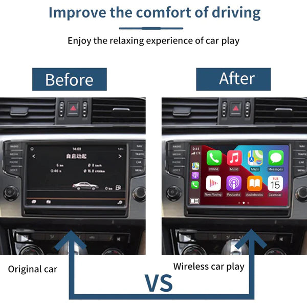 Before and After comparison showing the improved comfort of driving with wireless CarPlay integration on a Volkswagen infotainment screen.