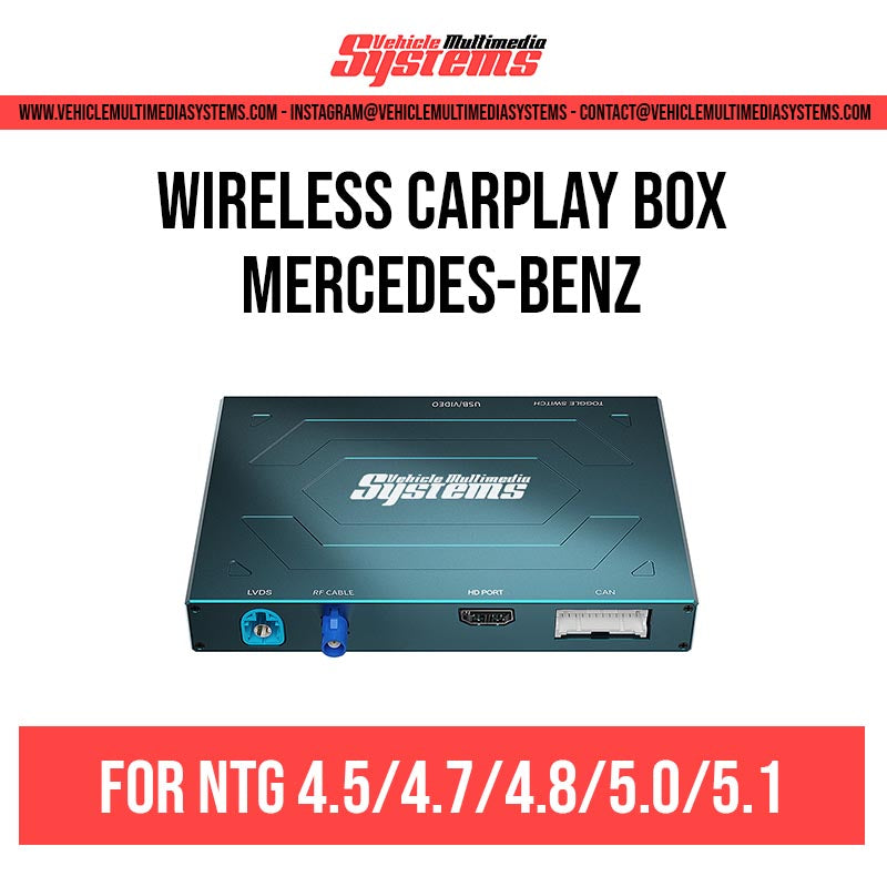 Vehicle Multimedia Systems wireless CarPlay box for Mercedes-Benz NTG 4.5/4.7/4.8/5.0/5.1 systems, showing the black device with ports